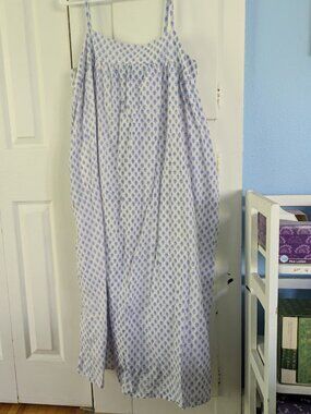 MUJI Women Sz XL Dress White Blue Block Print Midi Adjustable Lined Pockets